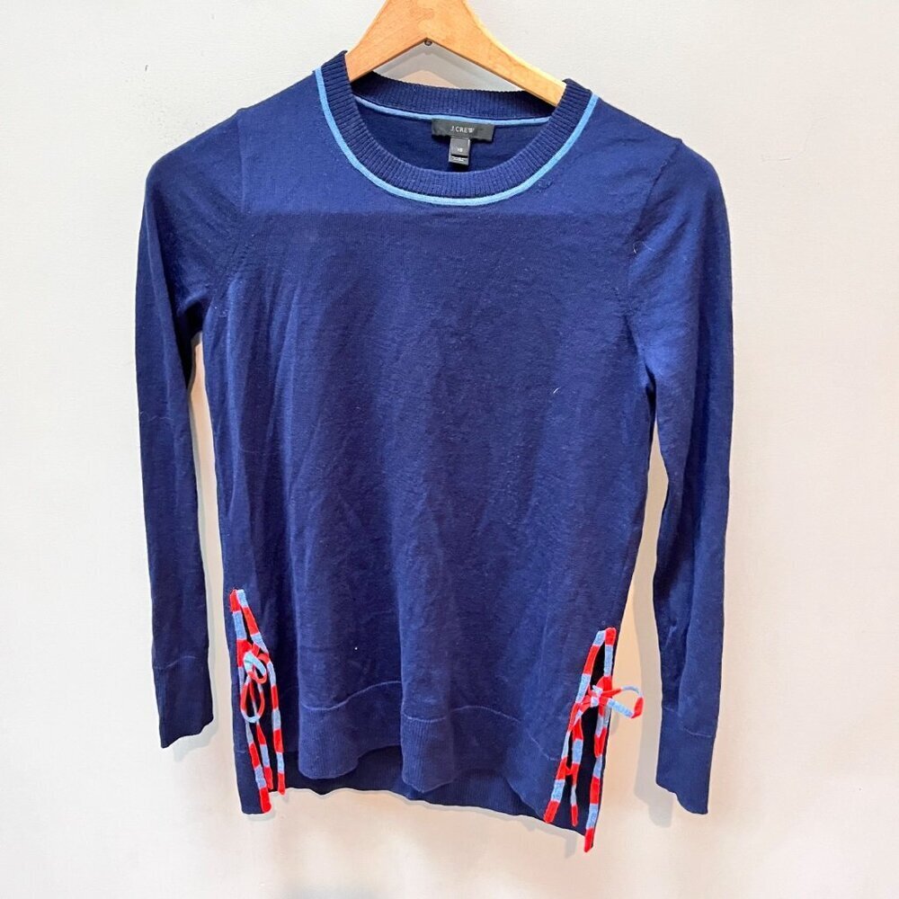 J.Crew Womens XS Merino Wool Navy Sweater With Red &‎ Blue Side Ties